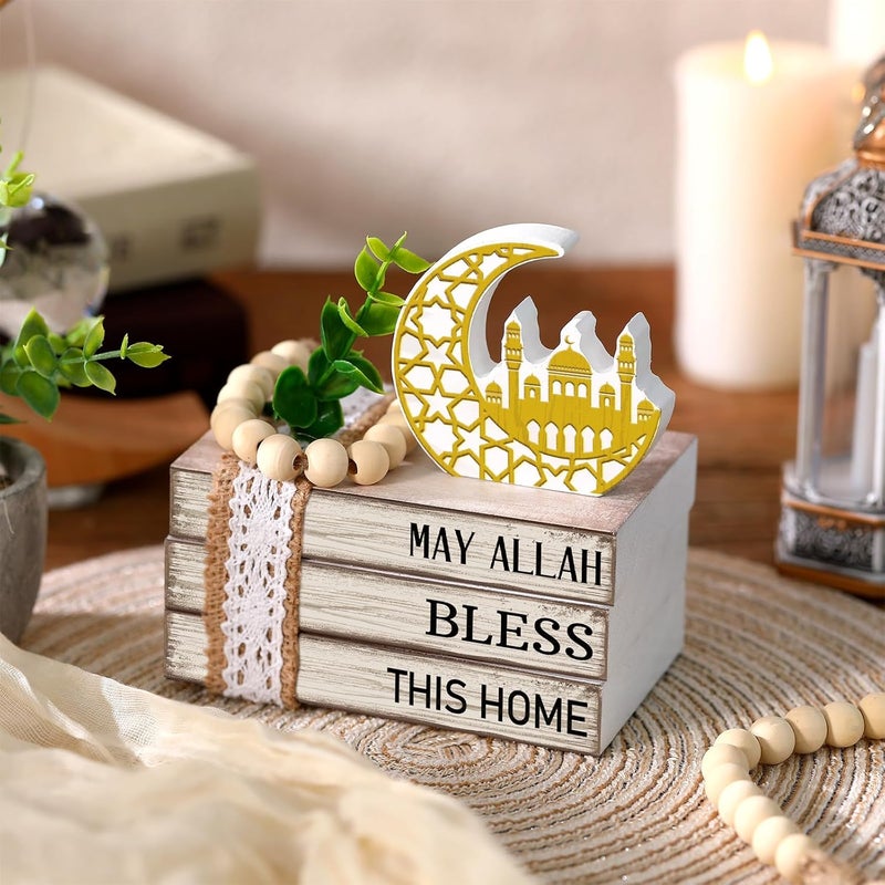 Anglechic Eid Mubarak Decorations Wood Ramadan Decorations for Home Ramadan Mubarak Table Sign Golden Moon Eid Tiered Tray Sign for Islamic Muslim Table Indoor Shelf Office Gifts - Image 2